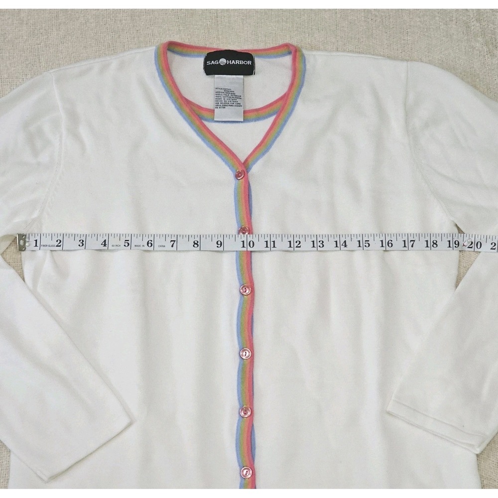 VTG SAG Harbor White Layered Look Cardigan with Rainbow Pipping Measures Medium - Picture 5 of 7